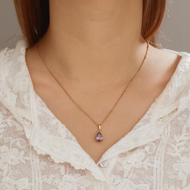 Dainty colorful drop crystal pendant stainless steel necklace