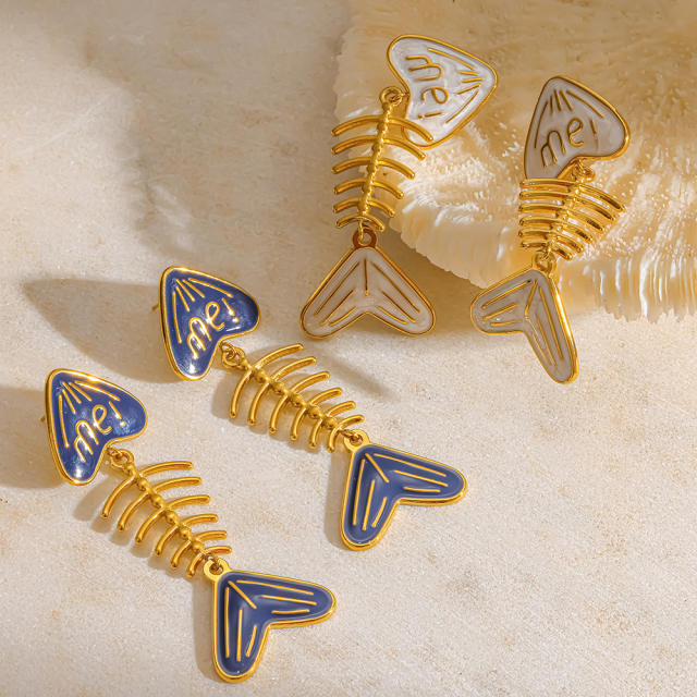 18KG blue white enamel fishbone stainless steel earrings