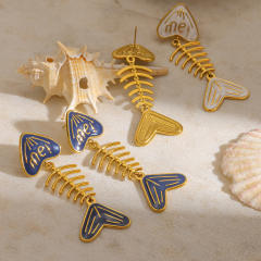 18KG blue white enamel fishbone stainless steel earrings