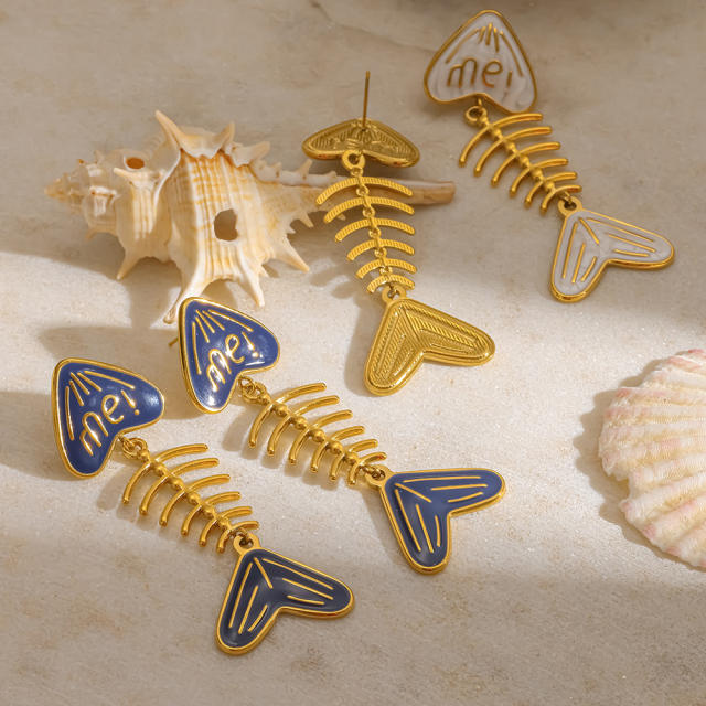 18KG blue white enamel fishbone stainless steel earrings