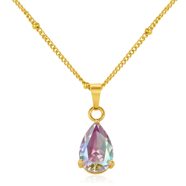 Dainty colorful drop crystal pendant stainless steel necklace
