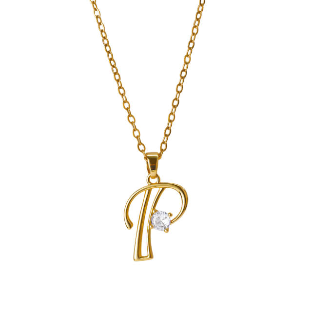 Simple diamond initial letter pendant stainless steel necklace