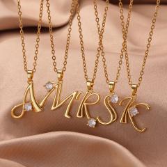 Simple diamond initial letter pendant stainless steel necklace