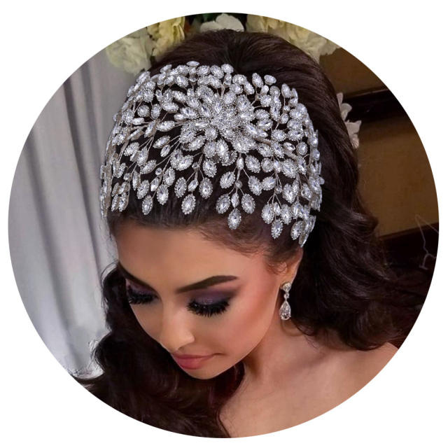 Wedding Flower Headband Silver Bride Wedding Headpiece Handmade Rhinestone Hair Accessory