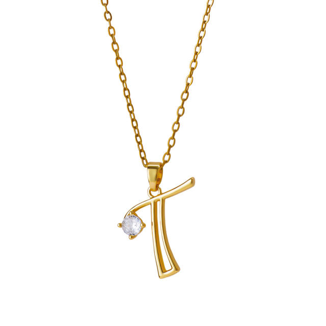 Simple diamond initial letter pendant stainless steel necklace