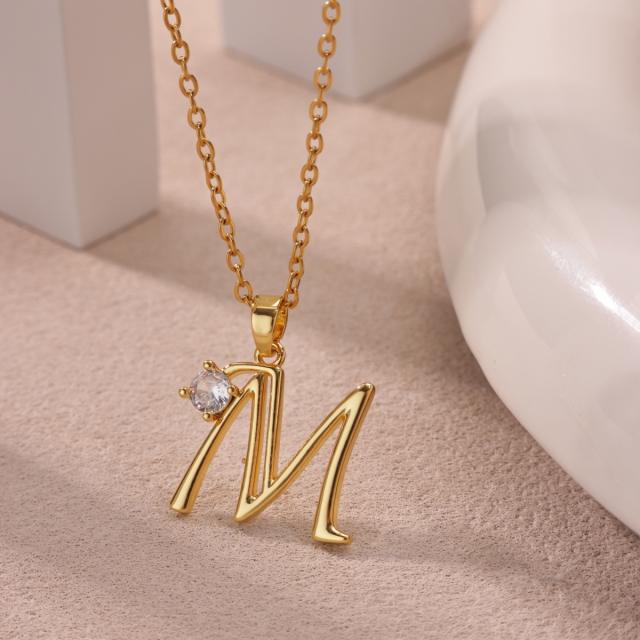 Simple diamond initial letter pendant stainless steel necklace