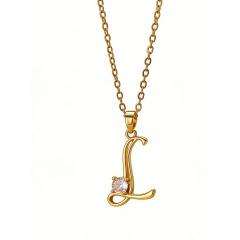 Simple diamond initial letter pendant stainless steel necklace