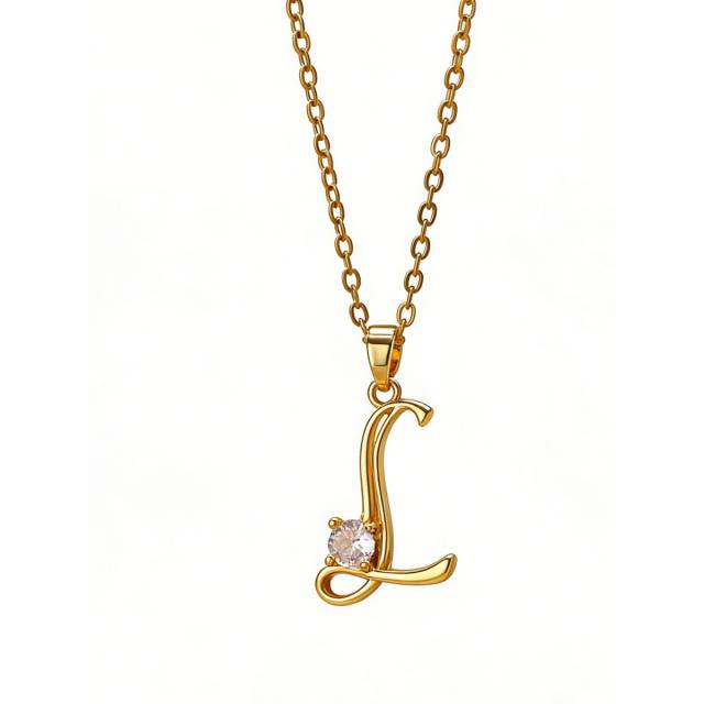 Simple diamond initial letter pendant stainless steel necklace