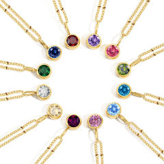 Dainty round brithstone pendant stainless steel necklace