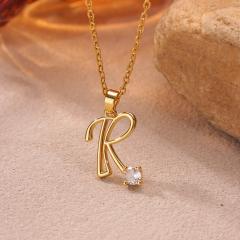 Simple diamond initial letter pendant stainless steel necklace