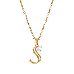 Simple diamond initial letter pendant stainless steel necklace