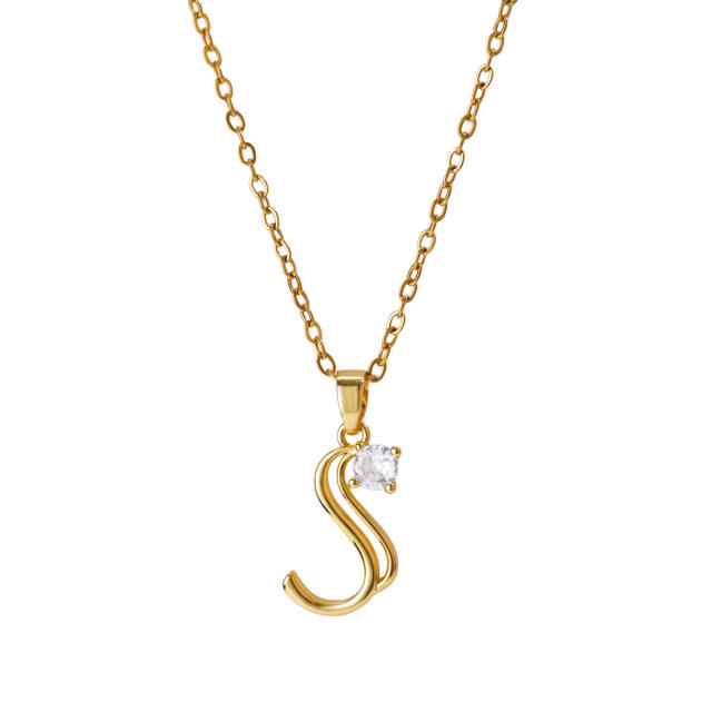 Simple diamond initial letter pendant stainless steel necklace