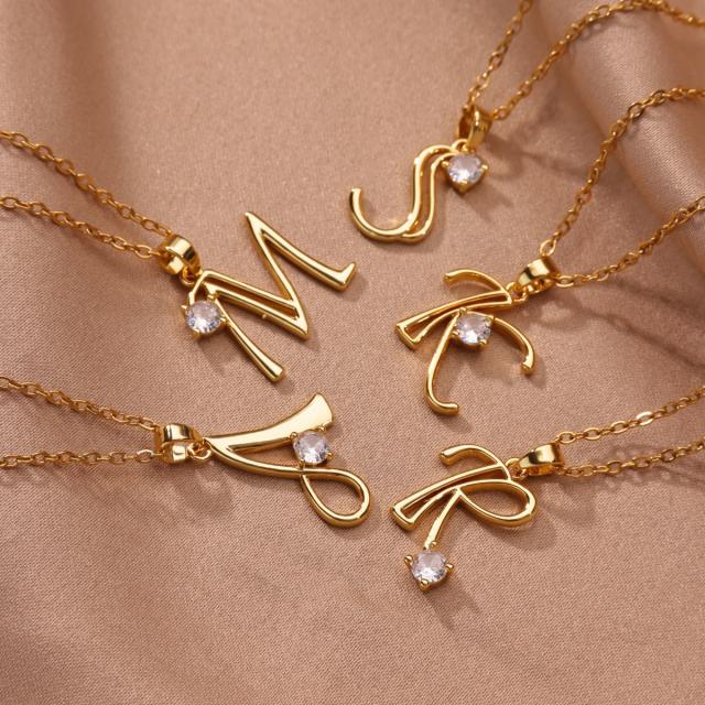 Simple diamond initial letter pendant stainless steel necklace