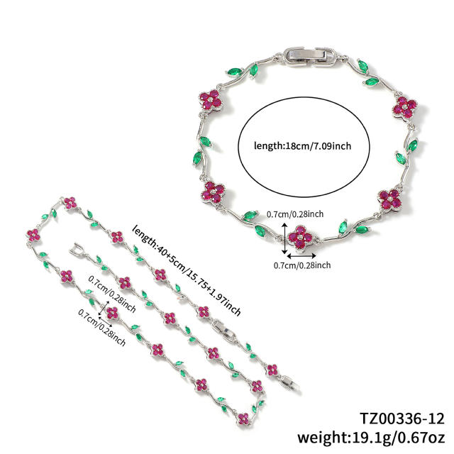 Hot sale colorful diamond clover gold plated necklace bracelet set