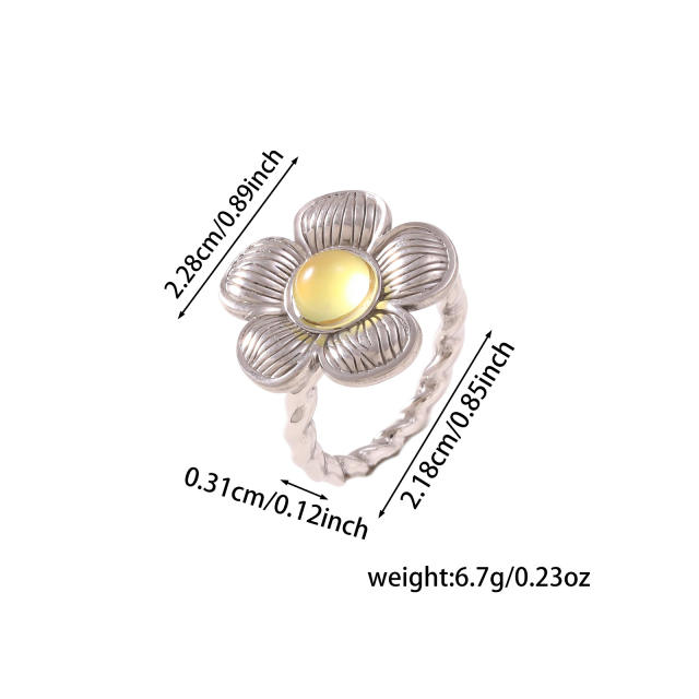 Vintage flower shape natural stone inlaid stainless steel rings