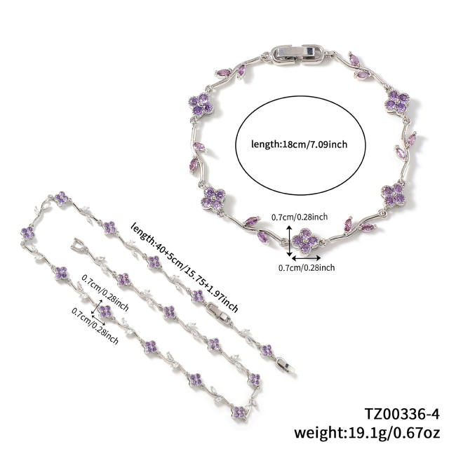 Hot sale colorful diamond clover gold plated necklace bracelet set