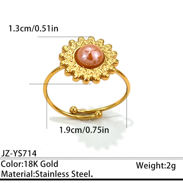 Summer easy match colorful natural stone inlaid sunflower stainless steel rings