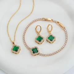 Hot sale colorful crystal clover pendant gold plated copper necklace bracelet earrings set