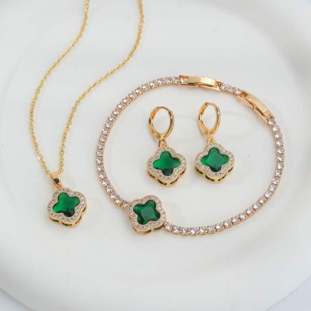Hot sale colorful crystal clover pendant gold plated copper necklace bracelet earrings set