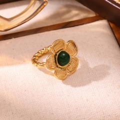 Vintage flower shape natural stone inlaid stainless steel rings
