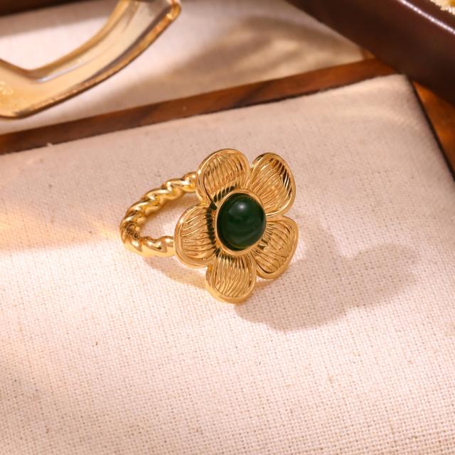 Vintage flower shape natural stone inlaid stainless steel rings