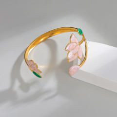 Spring summer pink color enamel lotus stainless steel bangle bracelet