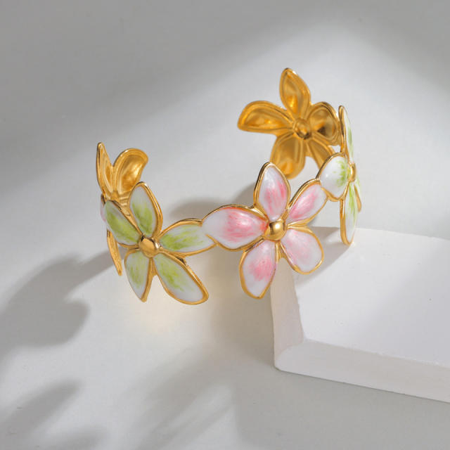 Spring summer color enamel flower stainless steel bangle bracelet