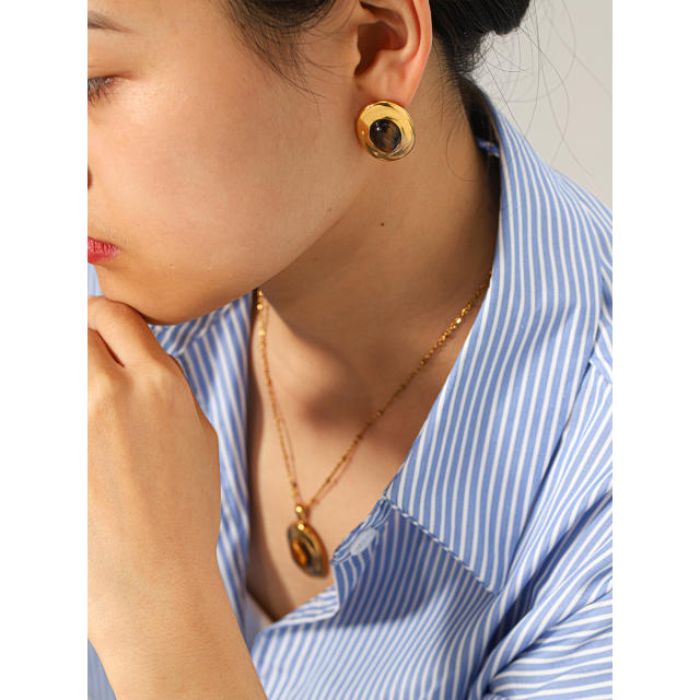 Vintage tiger eye stone inlaid oval shape stainless steel necklace earrings set