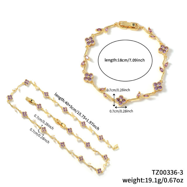 Hot sale colorful diamond clover gold plated necklace bracelet set