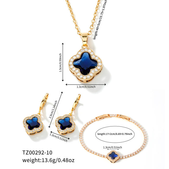 Hot sale colorful crystal clover pendant gold plated copper necklace bracelet earrings set