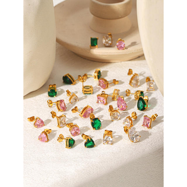 Easy match colorful cubic zicon drop heart round shape stainless steel earrings studs earrings