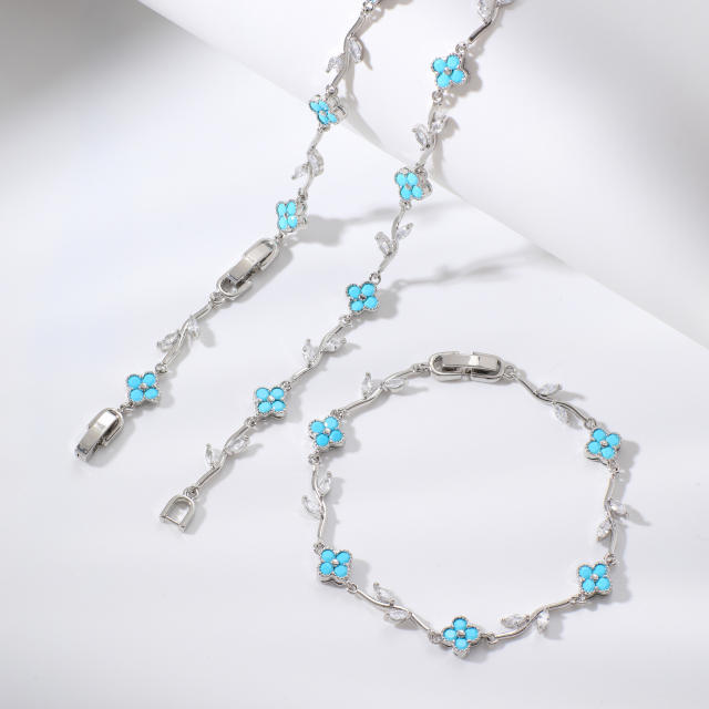 Hot sale colorful diamond clover gold plated necklace bracelet set