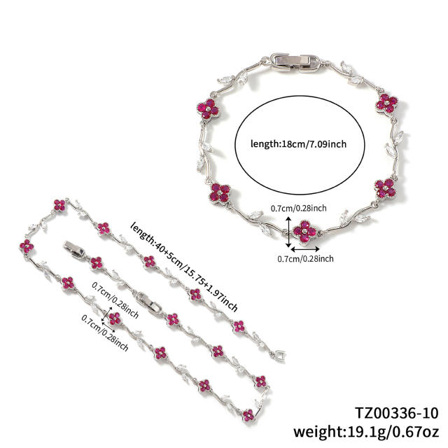 Hot sale colorful diamond clover gold plated necklace bracelet set