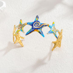 Summer blue color enamel starfish stainless steel bangle bracelet