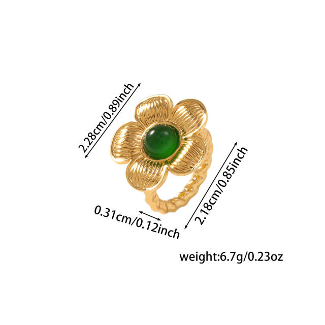 Vintage flower shape natural stone inlaid stainless steel rings