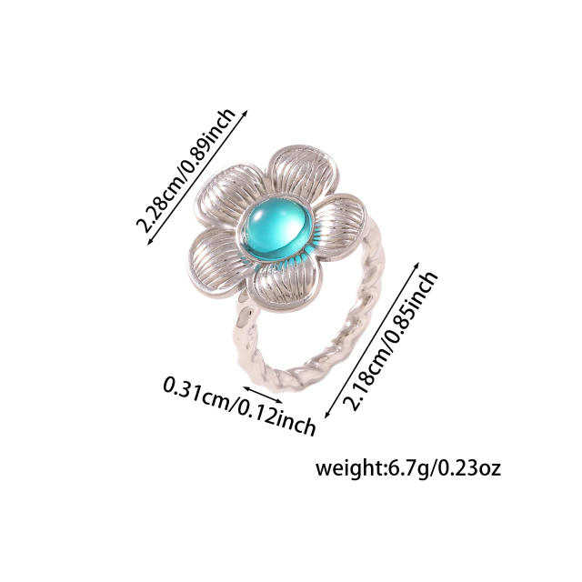 Vintage flower shape natural stone inlaid stainless steel rings