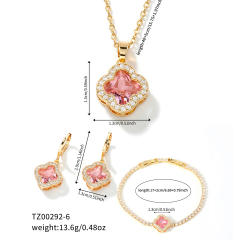 Hot sale colorful crystal clover pendant gold plated copper necklace bracelet earrings set