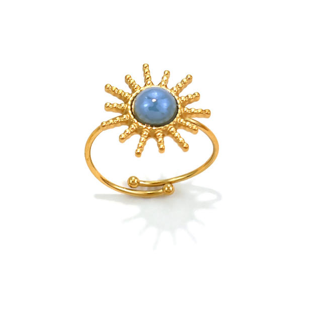 Summer easy match colorful natural stone inlaid sunflower stainless steel rings