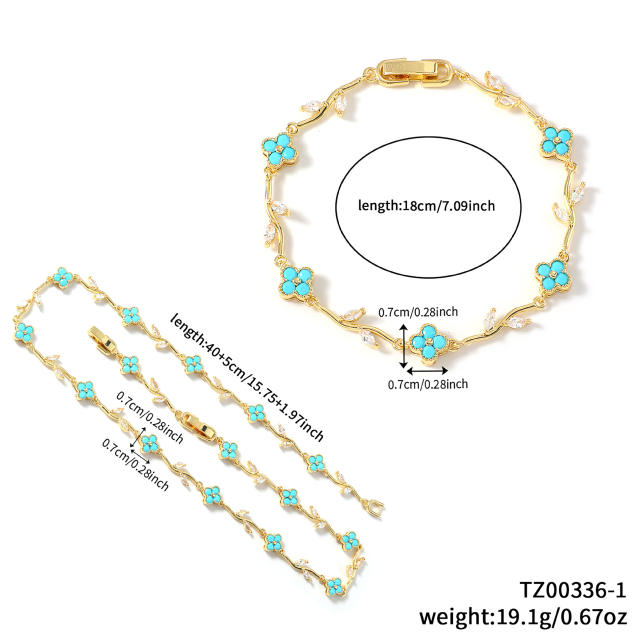 Hot sale colorful diamond clover gold plated necklace bracelet set