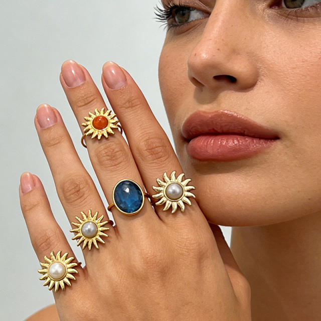 Summer easy match colorful natural stone inlaid sunflower stainless steel rings