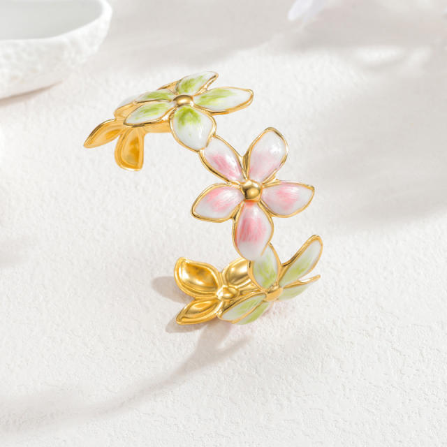 Spring summer color enamel flower stainless steel bangle bracelet
