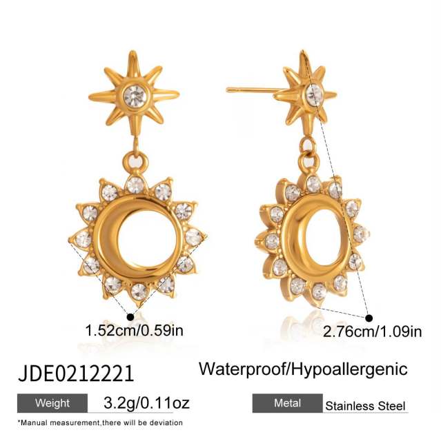 Hot sale diamond sun toggle chain stainless steel bracelet earrings necklace set
