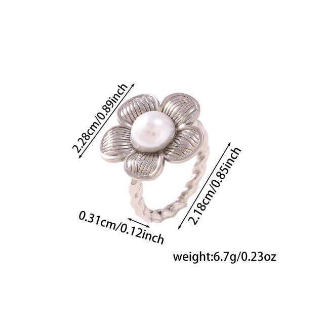 Vintage flower shape natural stone inlaid stainless steel rings