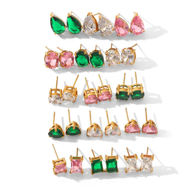 Easy match colorful cubic zicon drop heart round shape stainless steel earrings studs earrings