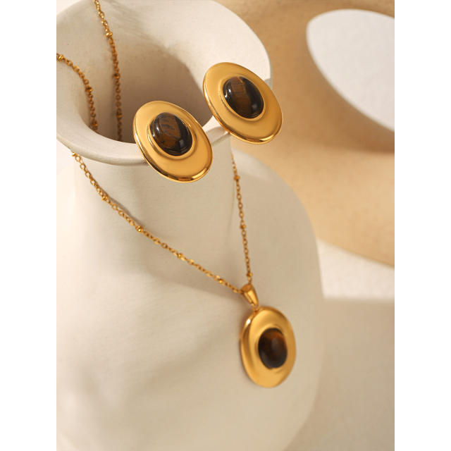Vintage tiger eye stone inlaid oval shape stainless steel necklace earrings set