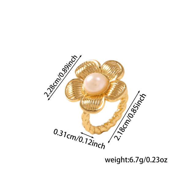 Vintage flower shape natural stone inlaid stainless steel rings