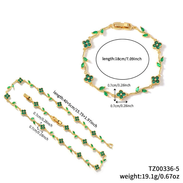 Hot sale colorful diamond clover gold plated necklace bracelet set