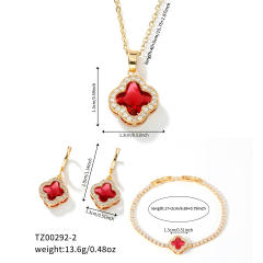 Hot sale colorful crystal clover pendant gold plated copper necklace bracelet earrings set