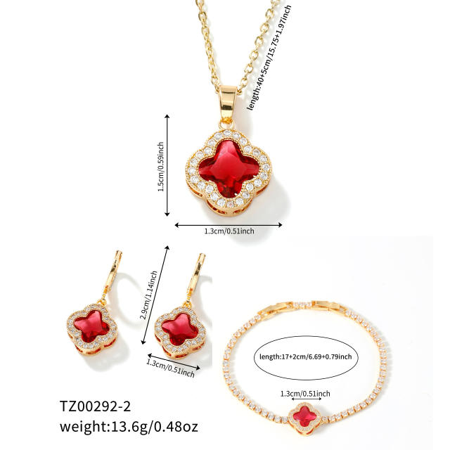 Hot sale colorful crystal clover pendant gold plated copper necklace bracelet earrings set
