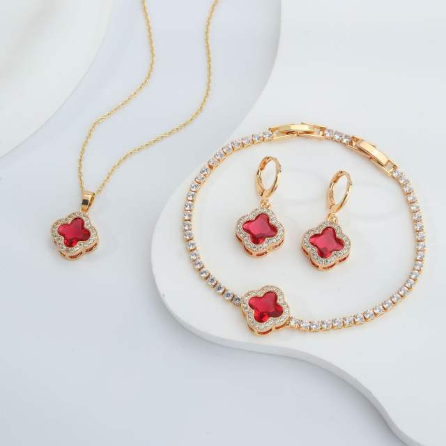 Hot sale colorful crystal clover pendant gold plated copper necklace bracelet earrings set